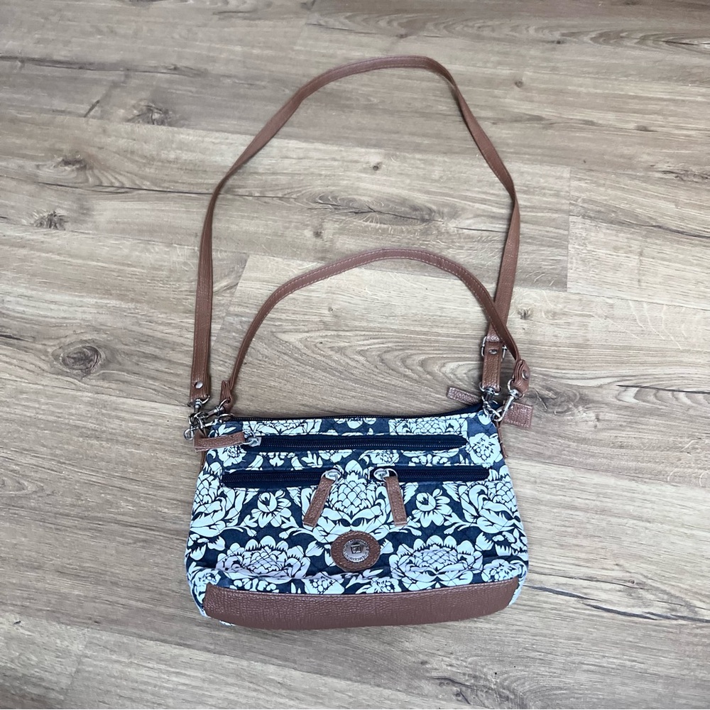Stone Mountain Quilted Black White and Brown Floral Purse Worn 3 Ways